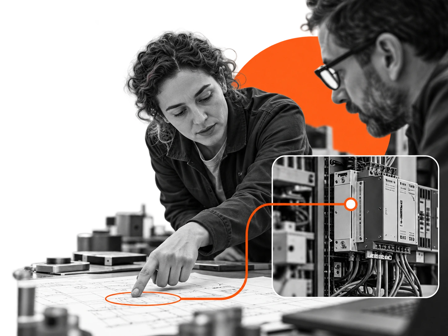 An engineer links the detail on an equipment plan with the controller it describes.